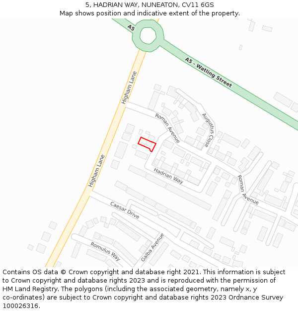 5, HADRIAN WAY, NUNEATON, CV11 6GS: Location map and indicative extent of plot