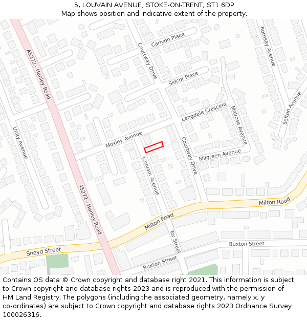 5, LOUVAIN AVENUE, STOKE-ON-TRENT, ST1 6DP: Location map and indicative extent of plot