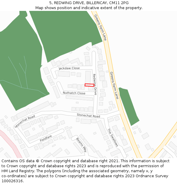 5, REDWING DRIVE, BILLERICAY, CM11 2PG: Location map and indicative extent of plot