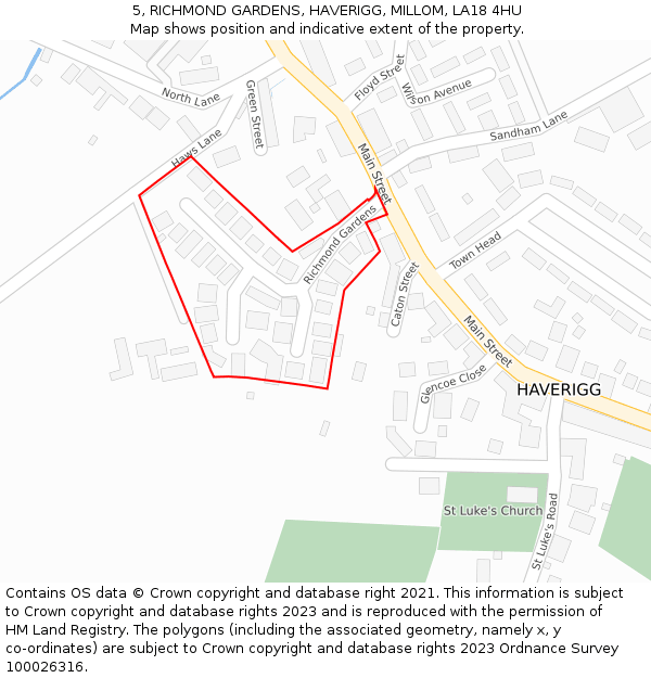 5, RICHMOND GARDENS, HAVERIGG, MILLOM, LA18 4HU: Location map and indicative extent of plot