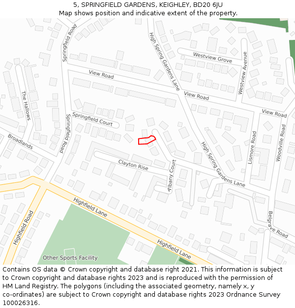 5, SPRINGFIELD GARDENS, KEIGHLEY, BD20 6JU: Location map and indicative extent of plot