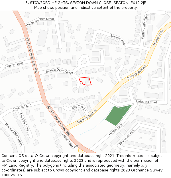 5, STOWFORD HEIGHTS, SEATON DOWN CLOSE, SEATON, EX12 2JB: Location map and indicative extent of plot