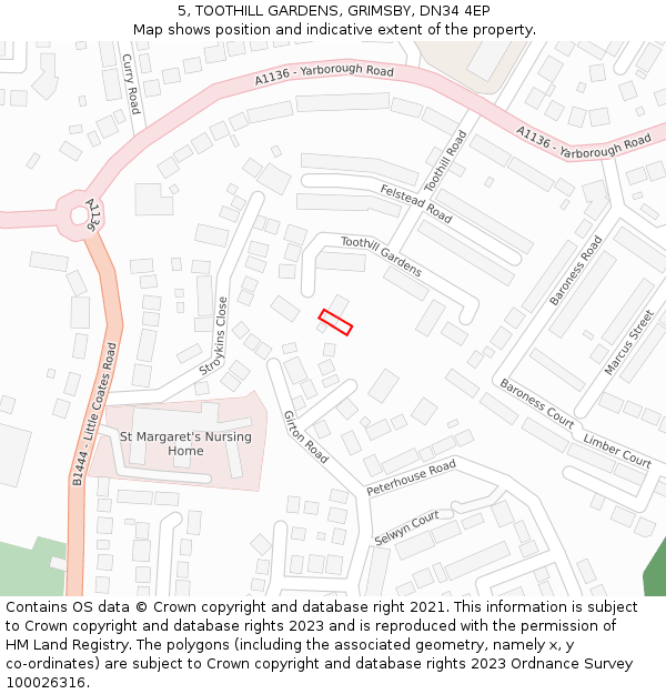 5, TOOTHILL GARDENS, GRIMSBY, DN34 4EP: Location map and indicative extent of plot