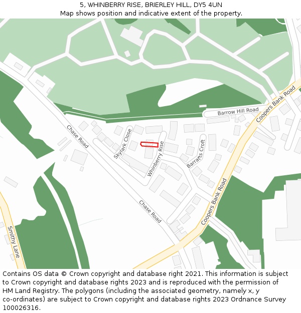 5, WHINBERRY RISE, BRIERLEY HILL, DY5 4UN: Location map and indicative extent of plot