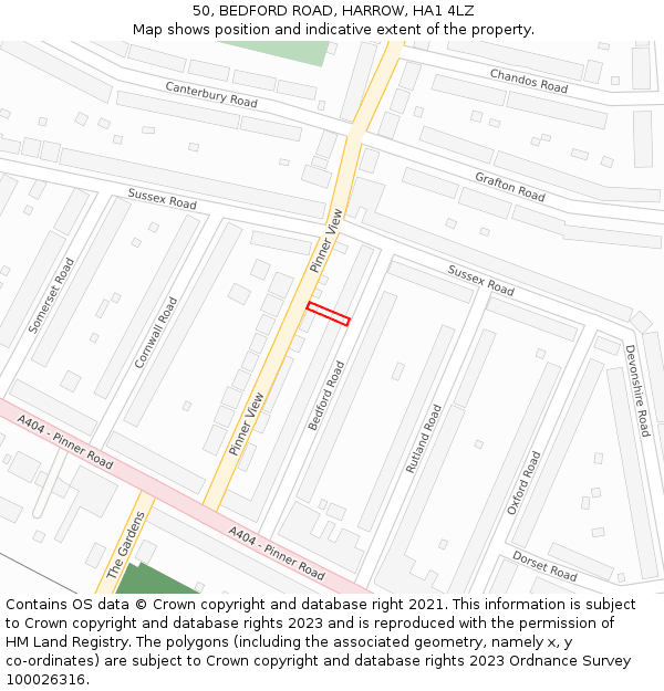 50, BEDFORD ROAD, HARROW, HA1 4LZ: Location map and indicative extent of plot