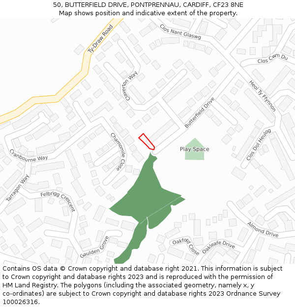 50, BUTTERFIELD DRIVE, PONTPRENNAU, CARDIFF, CF23 8NE: Location map and indicative extent of plot