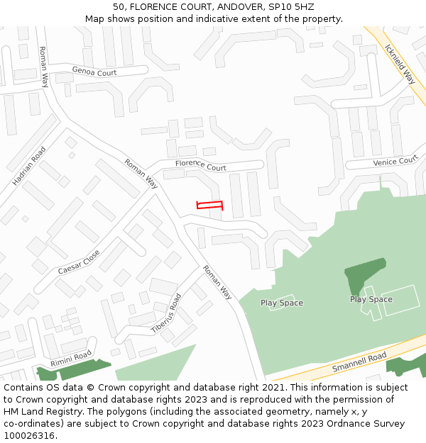 50, FLORENCE COURT, ANDOVER, SP10 5HZ: Location map and indicative extent of plot