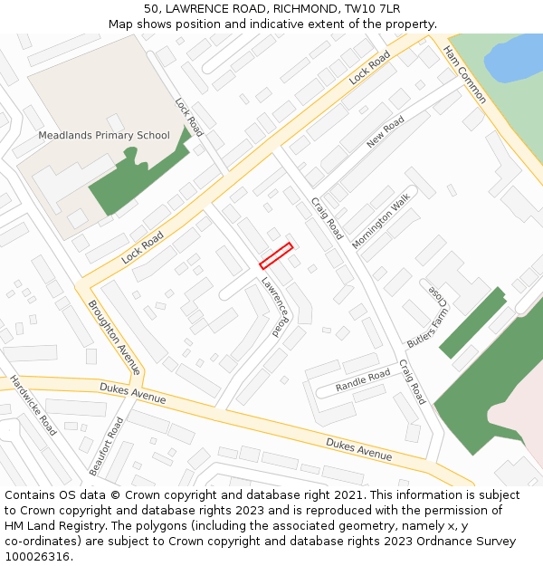 50, LAWRENCE ROAD, RICHMOND, TW10 7LR: Location map and indicative extent of plot