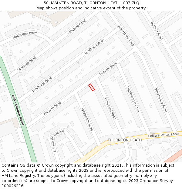 50, MALVERN ROAD, THORNTON HEATH, CR7 7LQ: Location map and indicative extent of plot