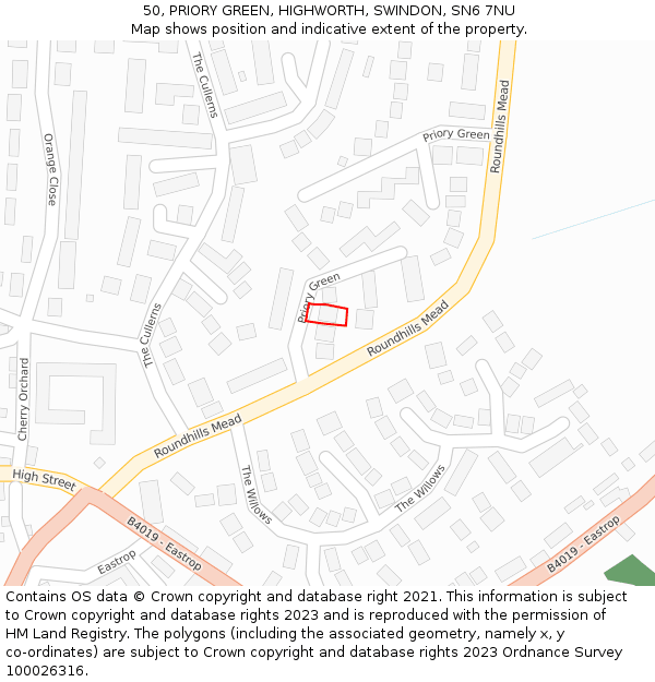 50, PRIORY GREEN, HIGHWORTH, SWINDON, SN6 7NU: Location map and indicative extent of plot
