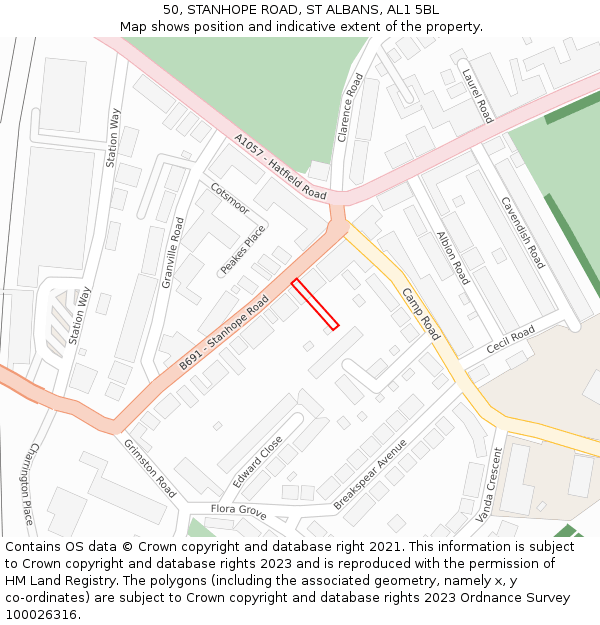 50, STANHOPE ROAD, ST ALBANS, AL1 5BL: Location map and indicative extent of plot