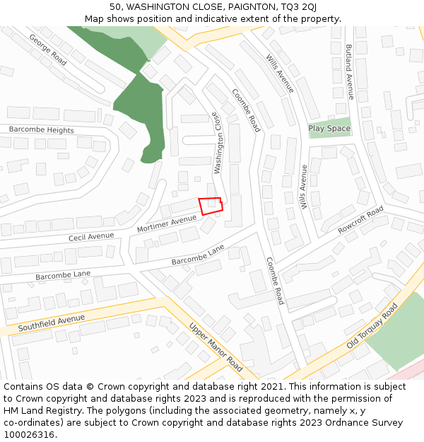 50, WASHINGTON CLOSE, PAIGNTON, TQ3 2QJ: Location map and indicative extent of plot