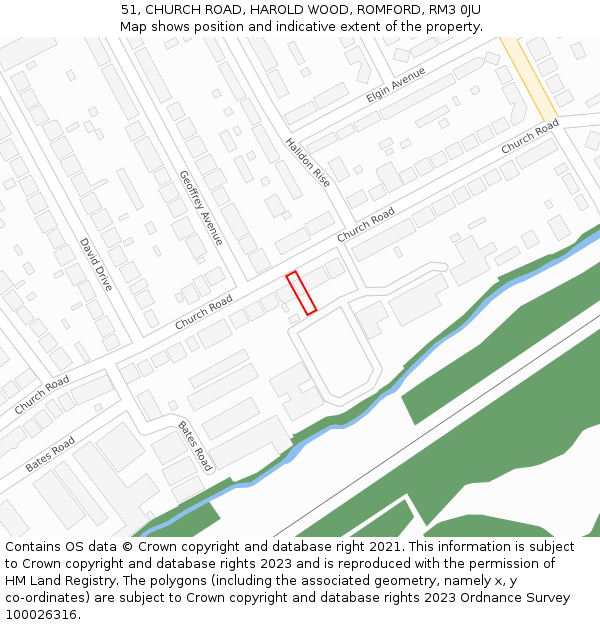 51, CHURCH ROAD, HAROLD WOOD, ROMFORD, RM3 0JU: Location map and indicative extent of plot