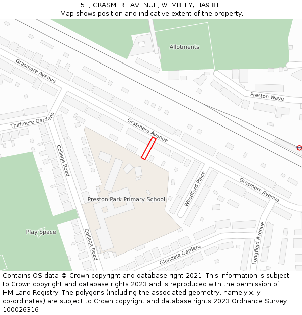 51, GRASMERE AVENUE, WEMBLEY, HA9 8TF: Location map and indicative extent of plot