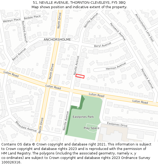 51, NEVILLE AVENUE, THORNTON-CLEVELEYS, FY5 3BQ: Location map and indicative extent of plot