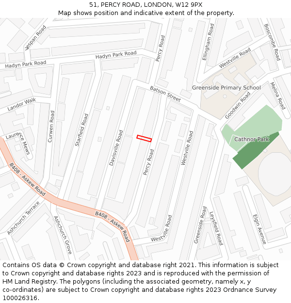 51, PERCY ROAD, LONDON, W12 9PX: Location map and indicative extent of plot