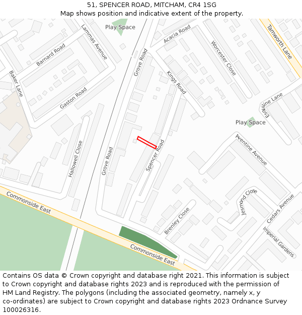 51, SPENCER ROAD, MITCHAM, CR4 1SG: Location map and indicative extent of plot