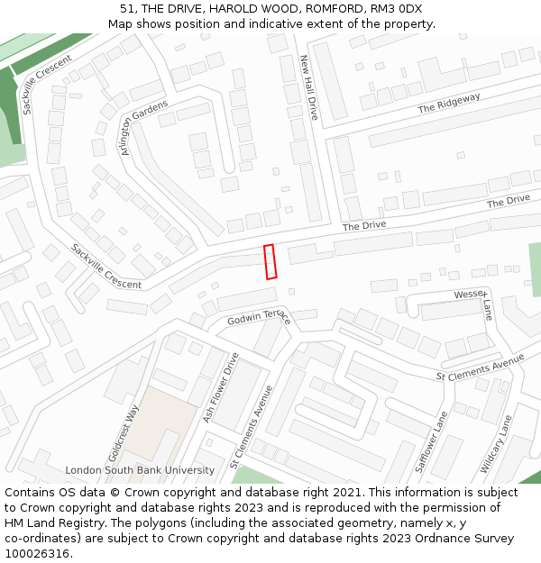 51, THE DRIVE, HAROLD WOOD, ROMFORD, RM3 0DX: Location map and indicative extent of plot