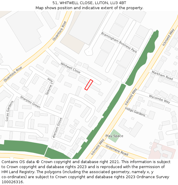 51, WHITWELL CLOSE, LUTON, LU3 4BT: Location map and indicative extent of plot