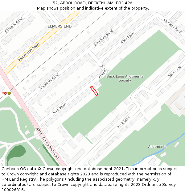 52, ARROL ROAD, BECKENHAM, BR3 4PA: Location map and indicative extent of plot