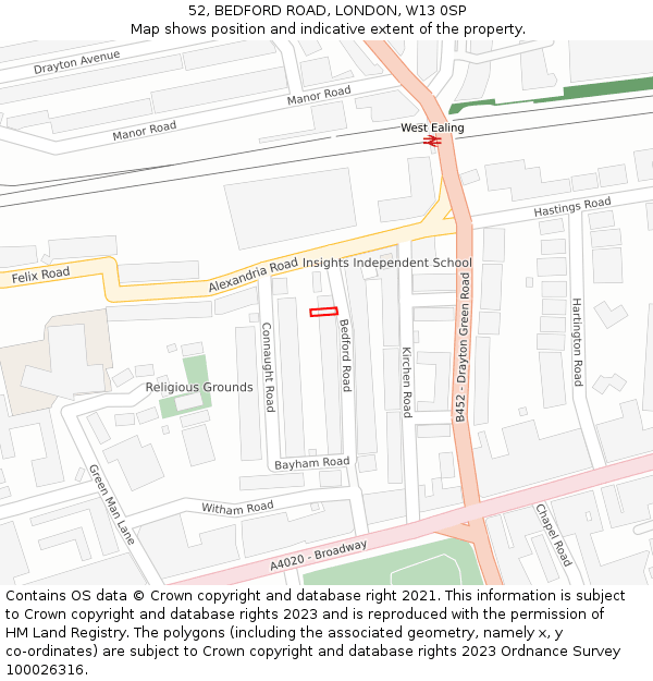 52, BEDFORD ROAD, LONDON, W13 0SP: Location map and indicative extent of plot
