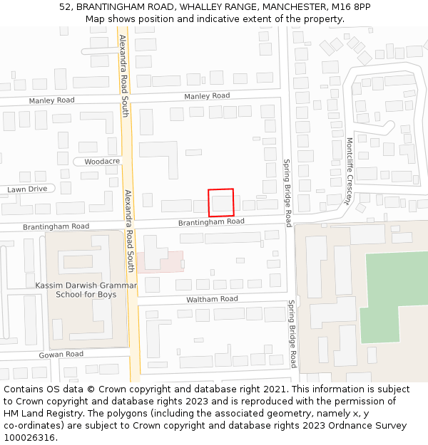 52, BRANTINGHAM ROAD, WHALLEY RANGE, MANCHESTER, M16 8PP: Location map and indicative extent of plot
