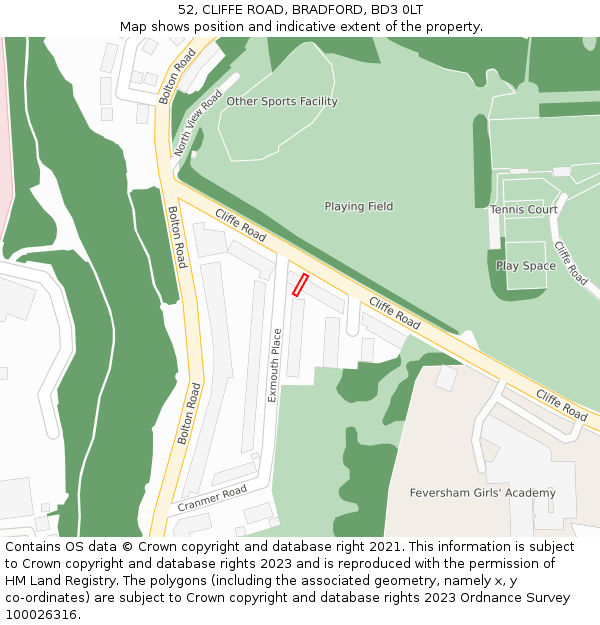 52, CLIFFE ROAD, BRADFORD, BD3 0LT: Location map and indicative extent of plot
