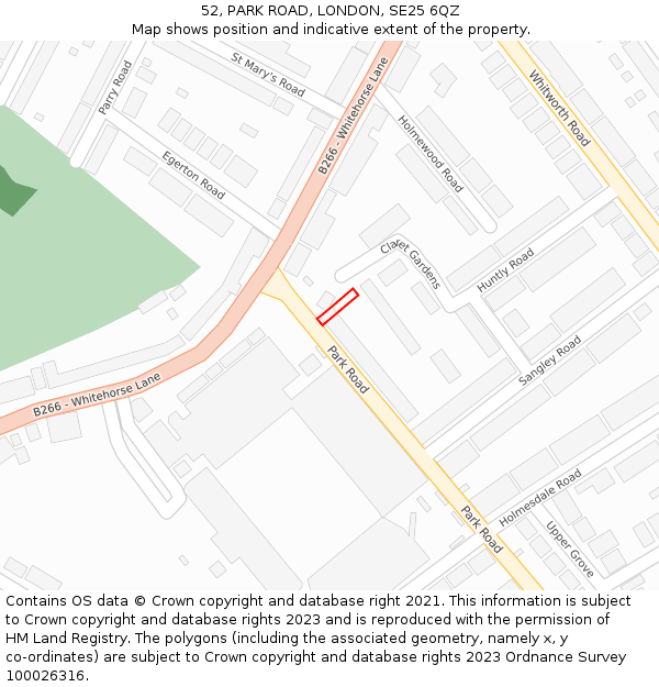 52, PARK ROAD, LONDON, SE25 6QZ: Location map and indicative extent of plot