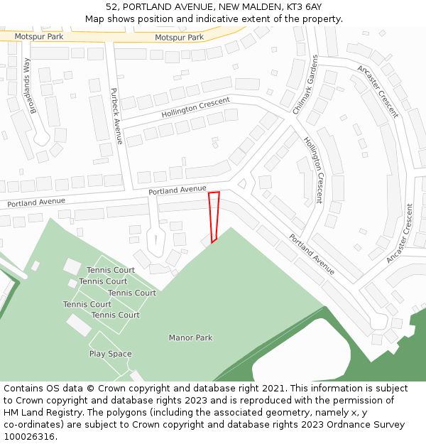 52, PORTLAND AVENUE, NEW MALDEN, KT3 6AY: Location map and indicative extent of plot