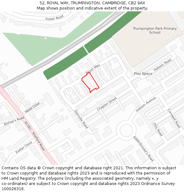 52, ROYAL WAY, TRUMPINGTON, CAMBRIDGE, CB2 9AX: Location map and indicative extent of plot