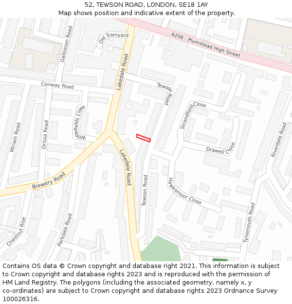 52, TEWSON ROAD, LONDON, SE18 1AY: Location map and indicative extent of plot