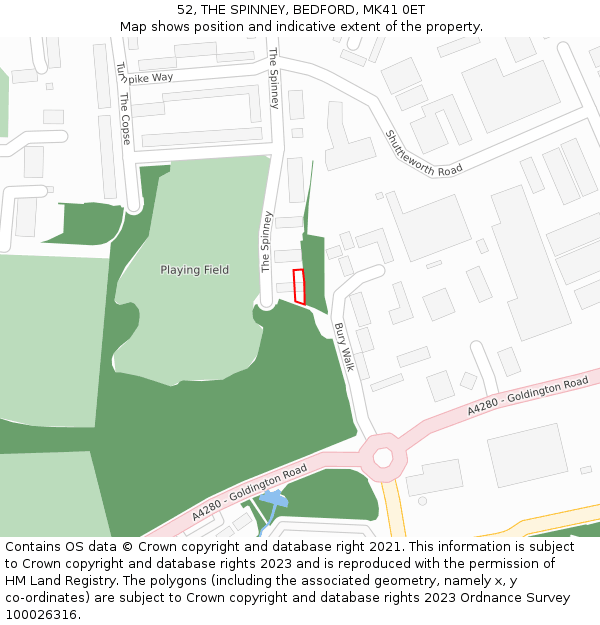 52, THE SPINNEY, BEDFORD, MK41 0ET: Location map and indicative extent of plot