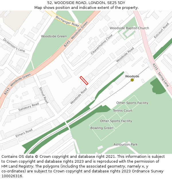 52, WOODSIDE ROAD, LONDON, SE25 5DY: Location map and indicative extent of plot