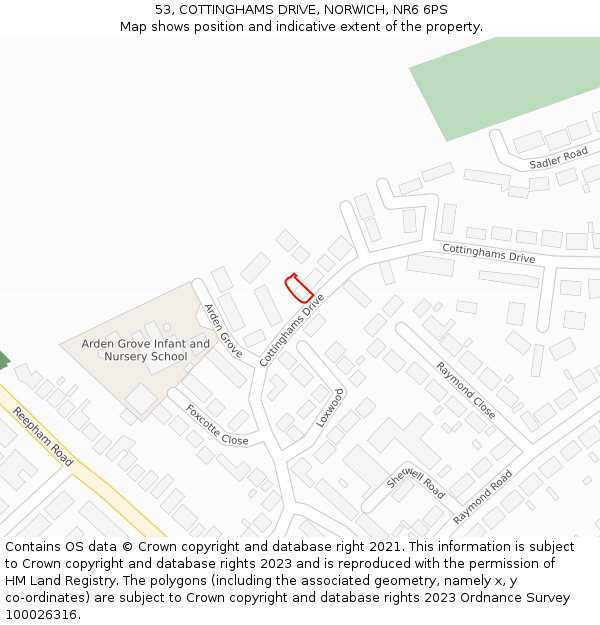 53, COTTINGHAMS DRIVE, NORWICH, NR6 6PS: Location map and indicative extent of plot
