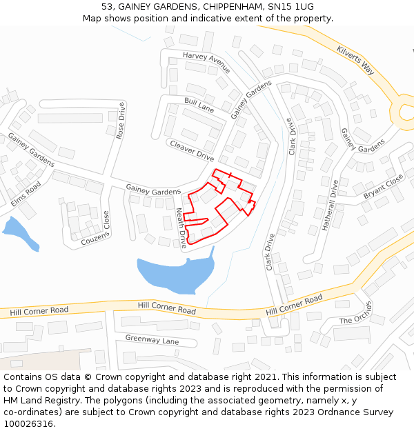 53, GAINEY GARDENS, CHIPPENHAM, SN15 1UG: Location map and indicative extent of plot