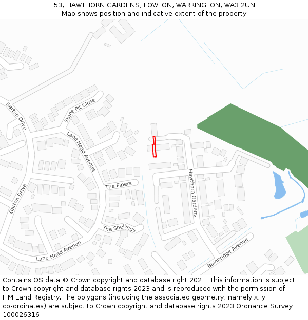 53, HAWTHORN GARDENS, LOWTON, WARRINGTON, WA3 2UN: Location map and indicative extent of plot