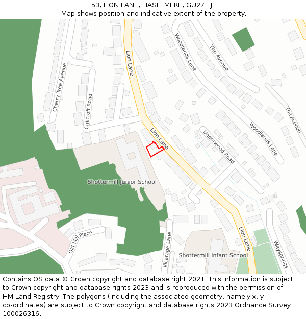 53, LION LANE, HASLEMERE, GU27 1JF: Location map and indicative extent of plot