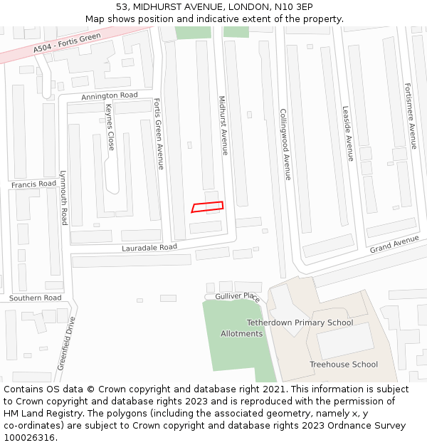 53, MIDHURST AVENUE, LONDON, N10 3EP: Location map and indicative extent of plot