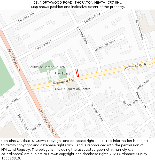 53, NORTHWOOD ROAD, THORNTON HEATH, CR7 8HU: Location map and indicative extent of plot