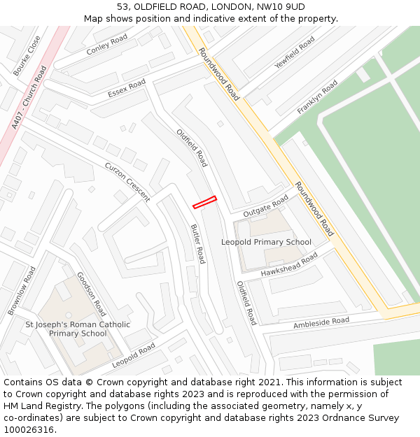 53, OLDFIELD ROAD, LONDON, NW10 9UD: Location map and indicative extent of plot