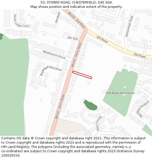 53, STORRS ROAD, CHESTERFIELD, S40 3QA: Location map and indicative extent of plot