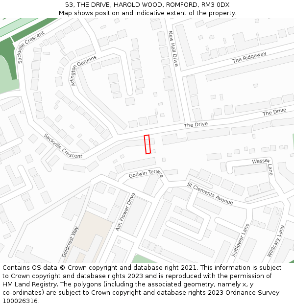 53, THE DRIVE, HAROLD WOOD, ROMFORD, RM3 0DX: Location map and indicative extent of plot
