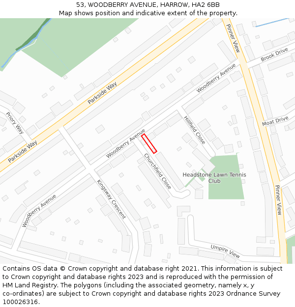 53, WOODBERRY AVENUE, HARROW, HA2 6BB: Location map and indicative extent of plot