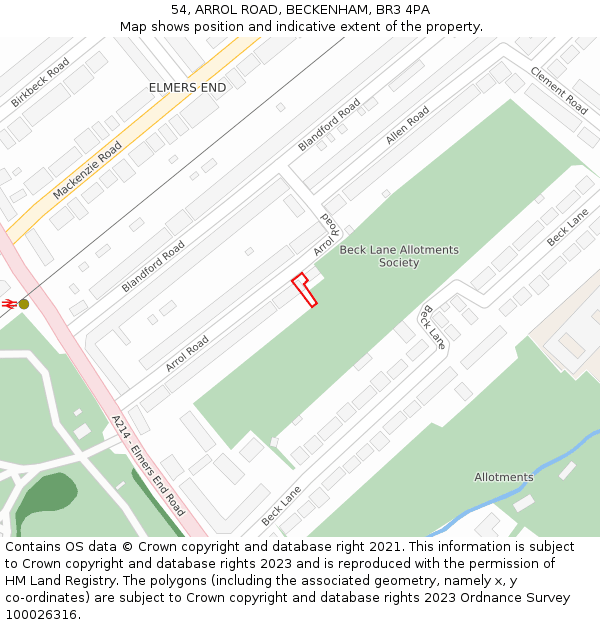 54, ARROL ROAD, BECKENHAM, BR3 4PA: Location map and indicative extent of plot