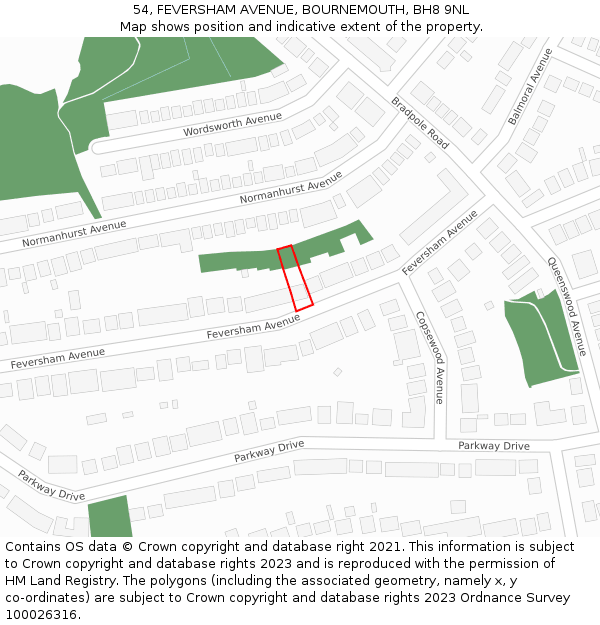 54, FEVERSHAM AVENUE, BOURNEMOUTH, BH8 9NL: Location map and indicative extent of plot