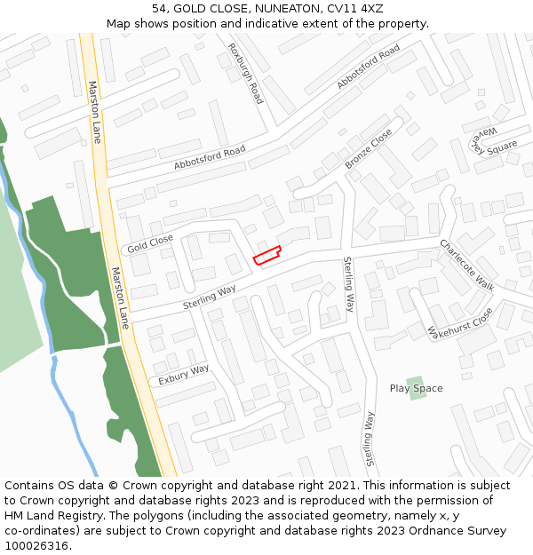 54, GOLD CLOSE, NUNEATON, CV11 4XZ: Location map and indicative extent of plot