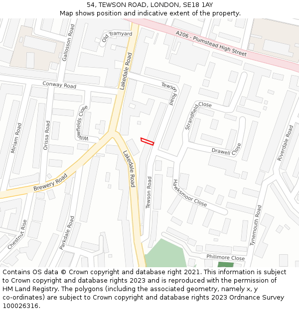 54, TEWSON ROAD, LONDON, SE18 1AY: Location map and indicative extent of plot