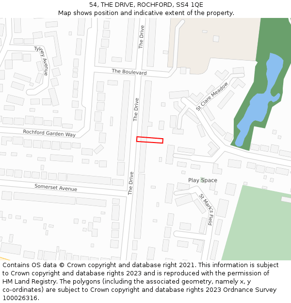 54, THE DRIVE, ROCHFORD, SS4 1QE: Location map and indicative extent of plot