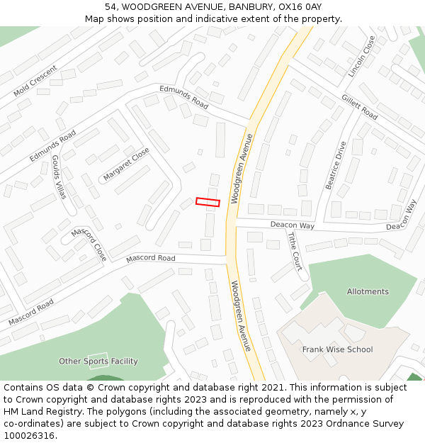 54, WOODGREEN AVENUE, BANBURY, OX16 0AY: Location map and indicative extent of plot
