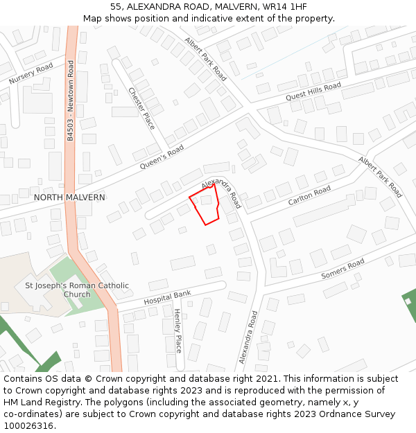 55, ALEXANDRA ROAD, MALVERN, WR14 1HF: Location map and indicative extent of plot